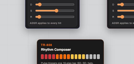 Close-up of the TR-808 Rhythm Composer card in Soundbox: label 'TR-808 Rhythm Composer' with a 16-cell colored step strip beneath; caption reads 'Pulse triggers one 16-step bar. BD, SD, hats, toms, clap, cowbell, cymbal'