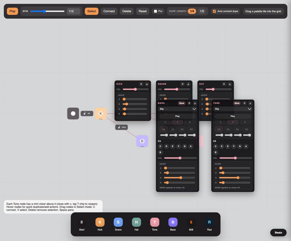 Soundbox in-app view: grid canvas with Kick and Bass nodes, red edge, 1/4 timing chip, palette with Start Kick Snare Hat Tone Bass 808 Rad, and dark mixer panels